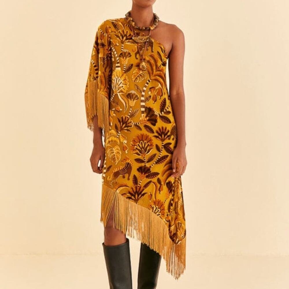 Farm Rio Golden Yellow Velvet One Shoulder Fringe Dress